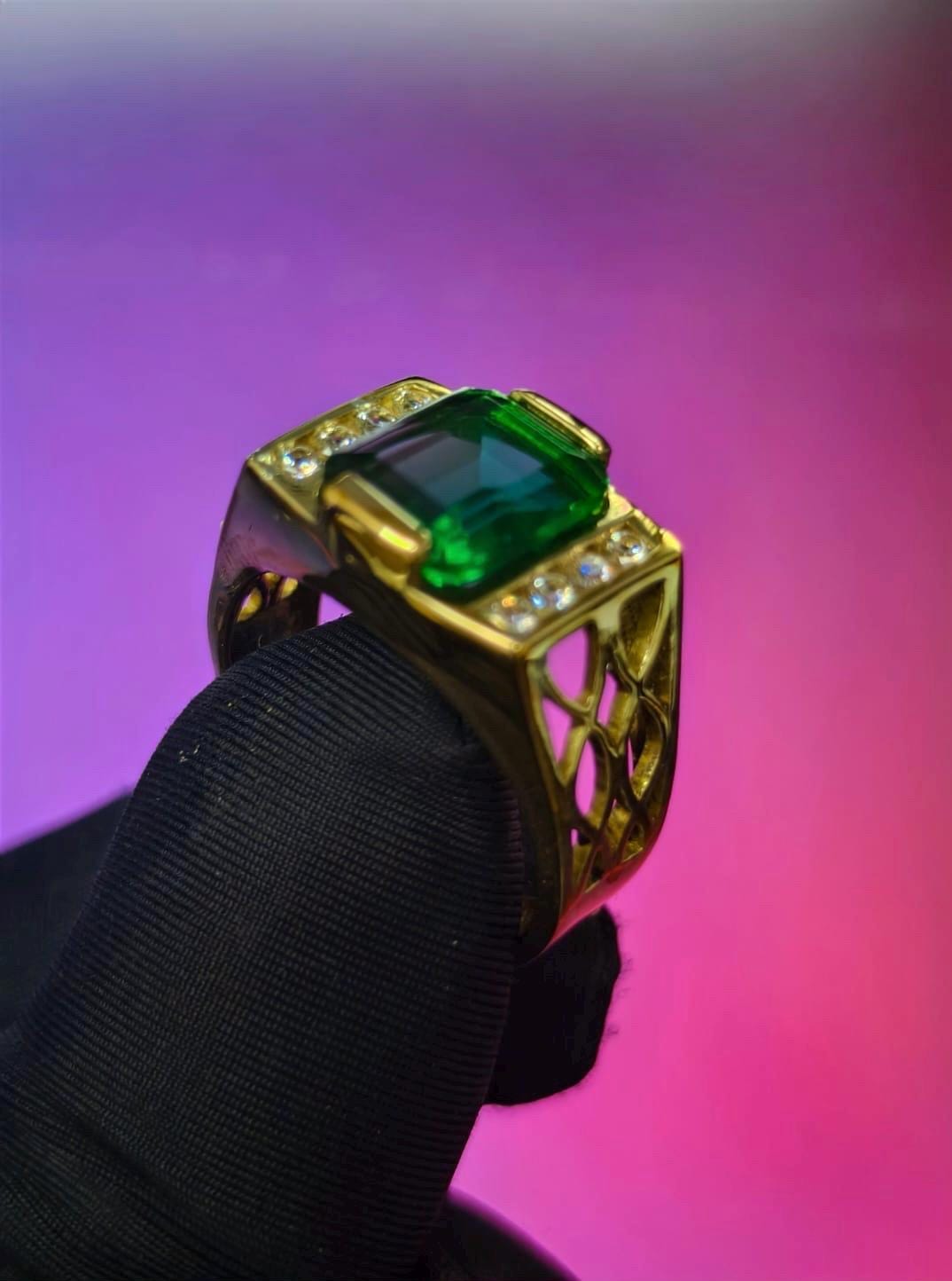 4Ct Emerald Cut Simulated Emerald Men's Wedding Ring 14K Yellow Gold Plated- 925 Silver