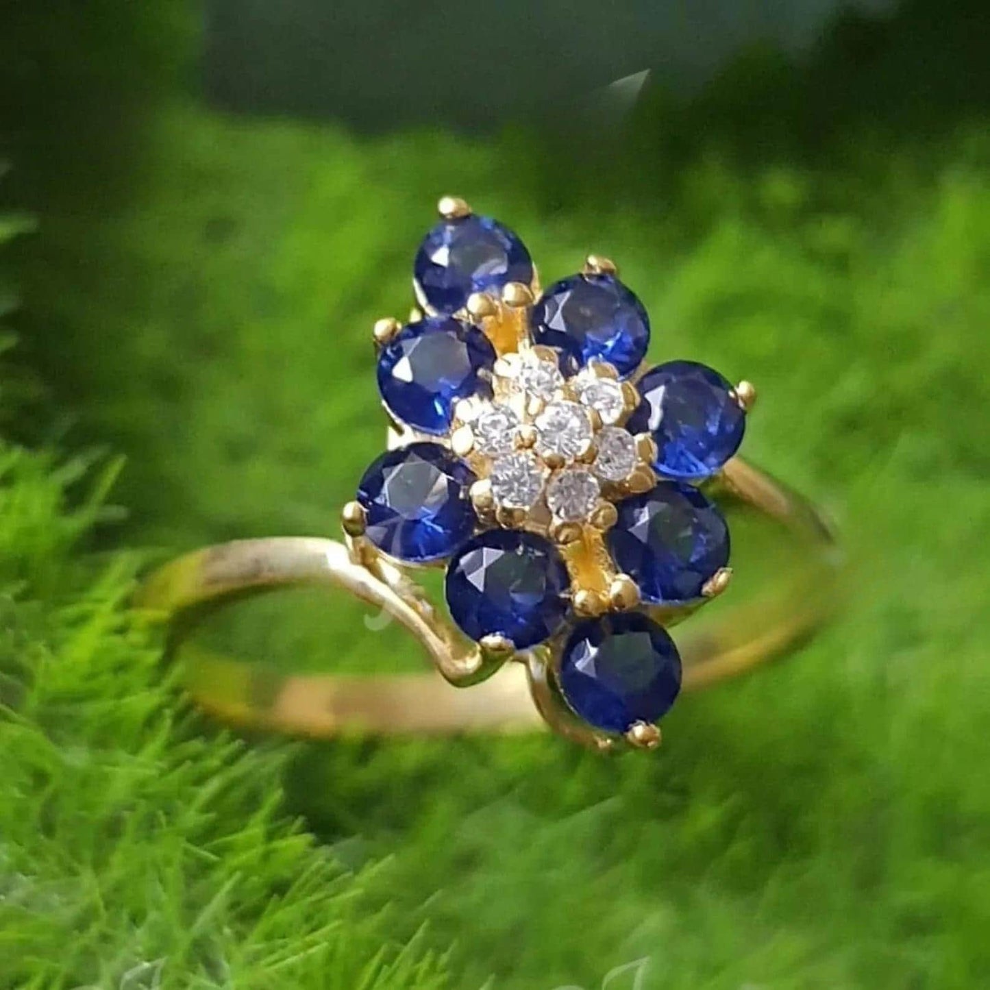 2Ct Round Cut Lab Created Blue Sapphire 14K Yellow Gold Plated Cluster Engagement, Wedding, Anniversary, Birthday Gift For Her