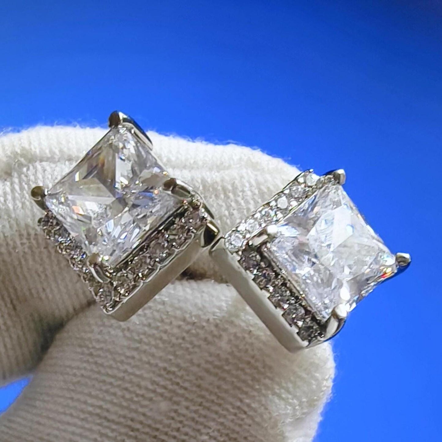 4Ct Princess Cut Moissanite Halo Stud Earrings 14K White Gold Finish 925 Silver Stud Earrings