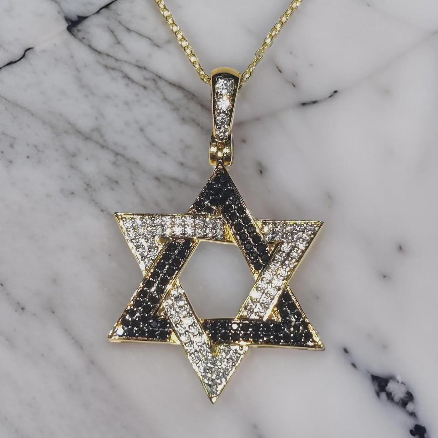 Round Cut Simulated Black and White Diamond Star of David Pendant 14K Yellow Gold Plated Pendant Gift