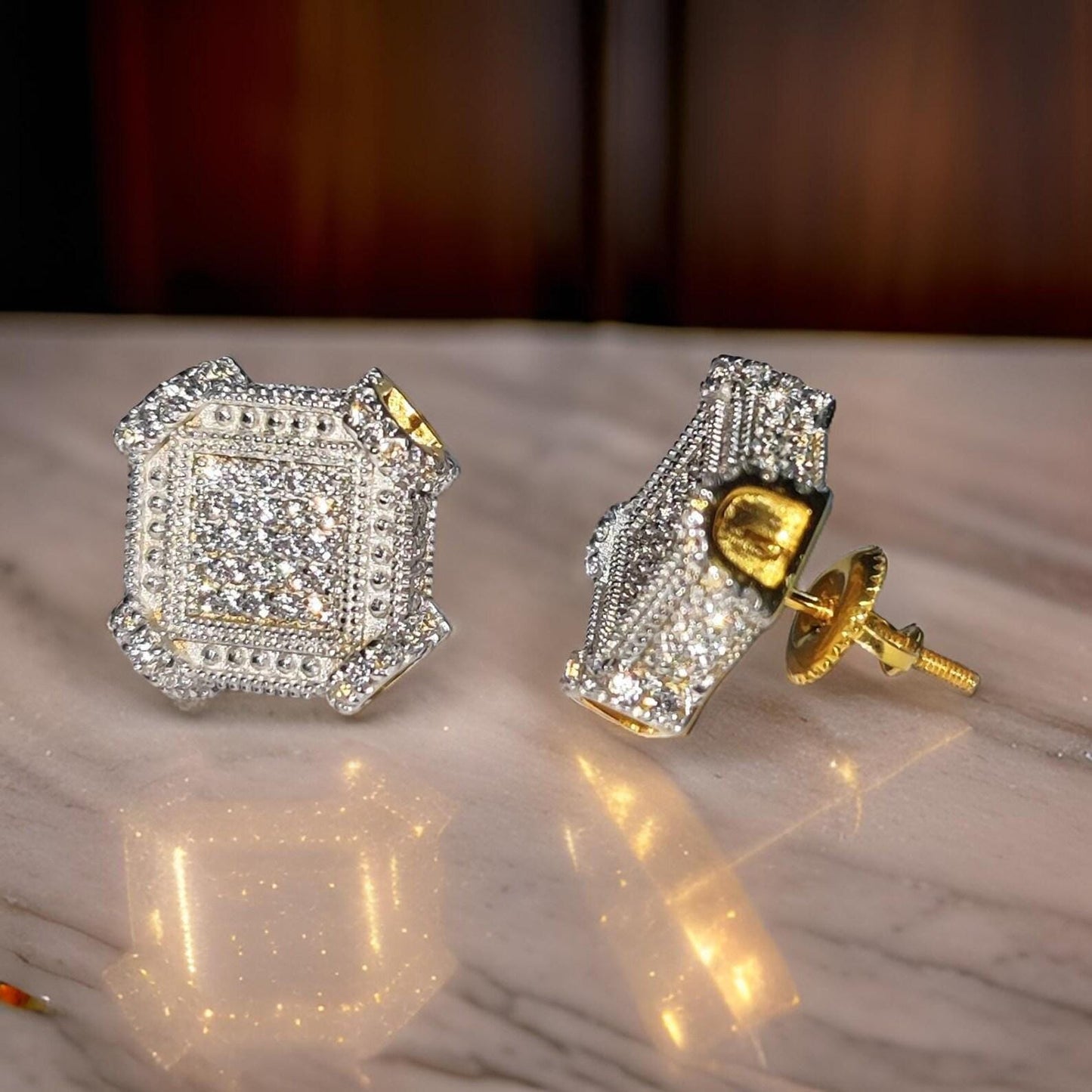 2Ct Round Cut Diamond Women's Stud Earrings Cluster Halo Stud Earrings 14K Yellow Gold Finish 925 Silver Stud Earrings Screw Back Stud