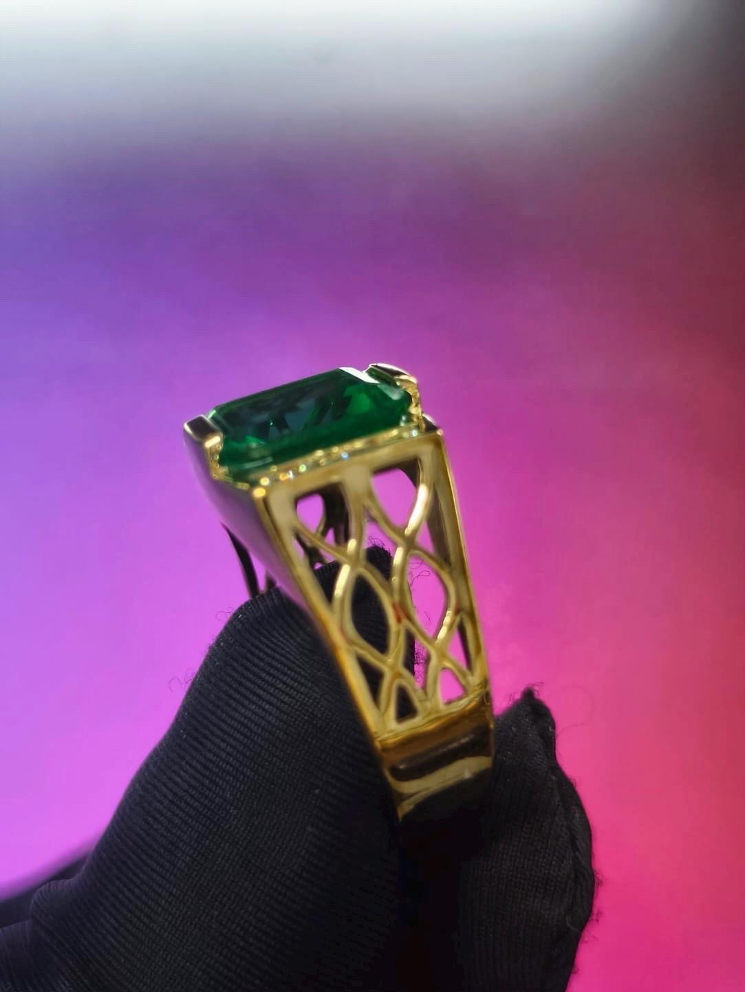 4Ct Emerald Cut Simulated Emerald Men's Wedding Ring 14K Yellow Gold Plated- 925 Silver