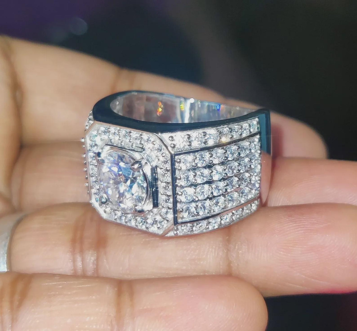 4Ct Round Cut Lab-Created Diamond Cluster Mens Engagement Ring 14K White Gold Finish 925 Silver Hip Hop Diamond Engagement Ring Wedding Band