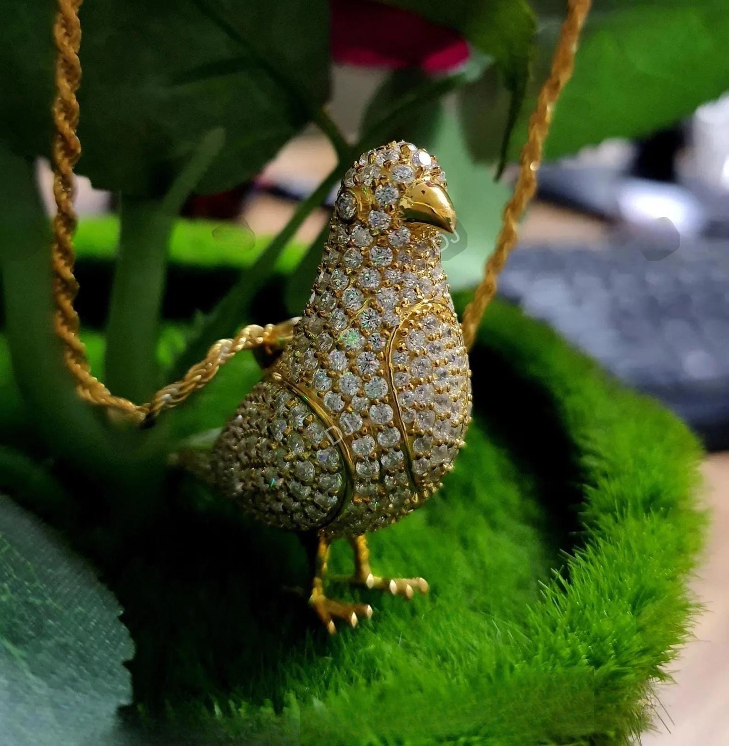 14k Yellow Gold Finish Pendant. Custom Made Bird Pendant Round cut Simulated Diamond Yellow Gold Plated Bird Pendant Free Chain