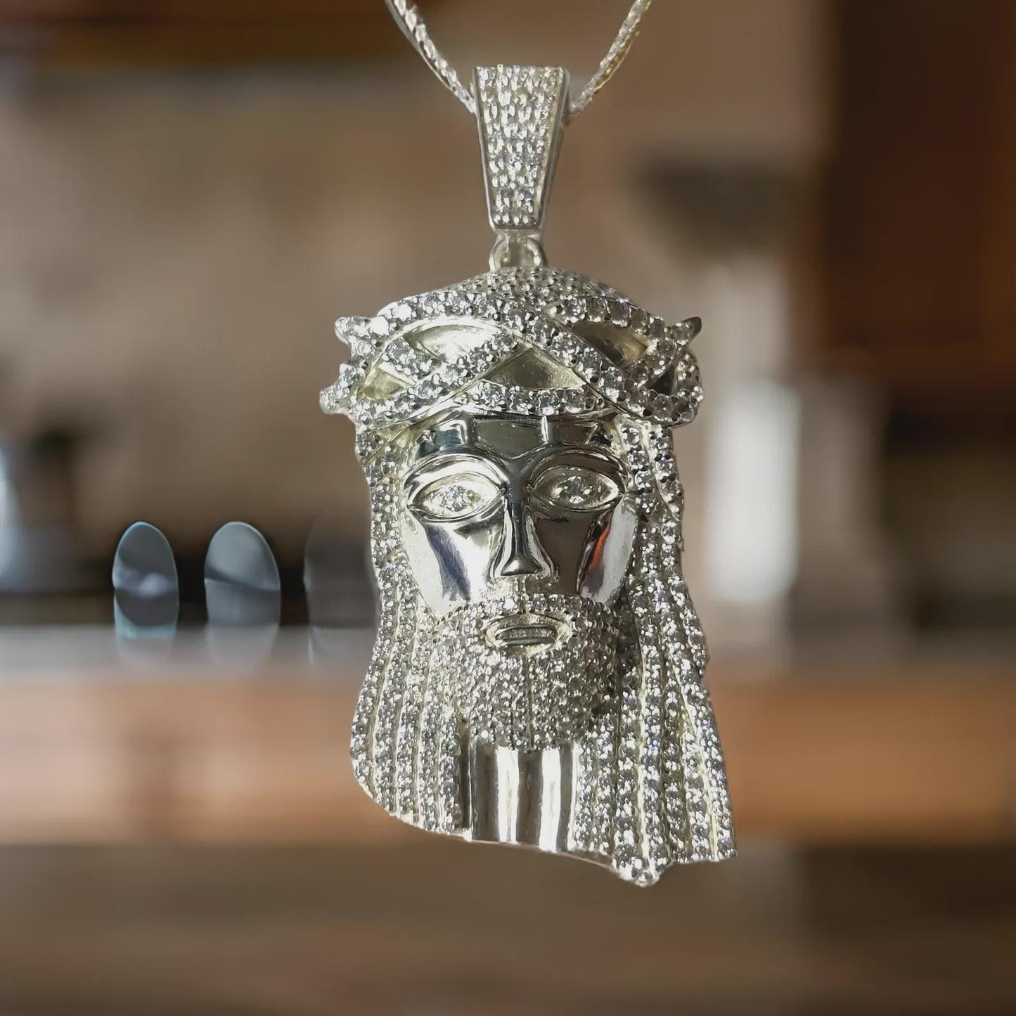 3Ct Round Cut White Diamond Jesus Face Pendant Simulated Diamond14K Yellow Gold Plated Free Chain 18" 925 Silver, Hip Hop Custom Pendant