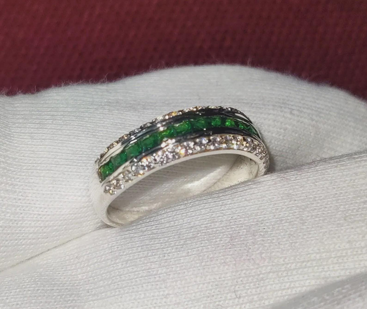 1.50Ct Emerald Princess Cut Simulated Emerald Diamond  Band Engagement Anniversary Ring Prong 14K White Gold Finish 925 Sterling Silver