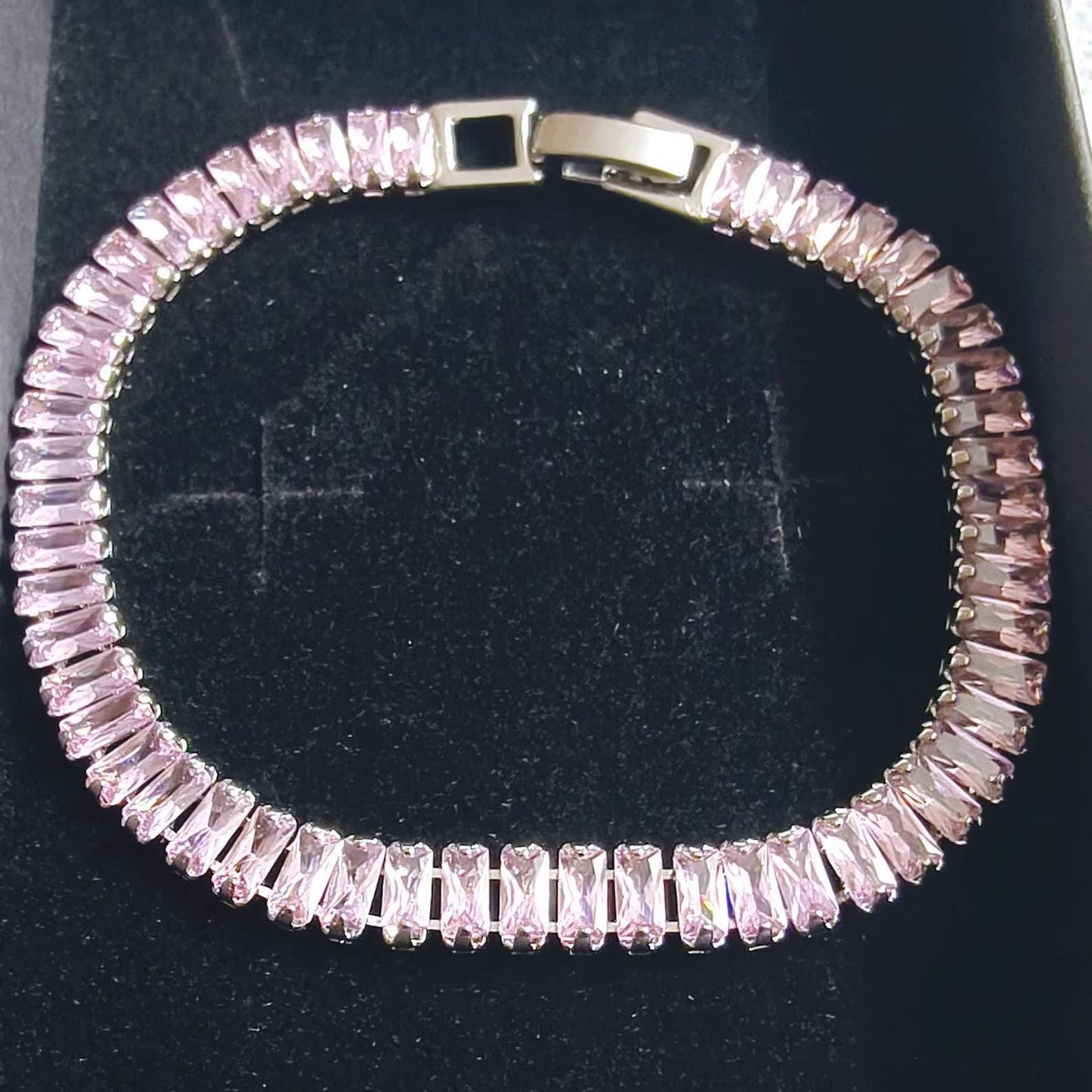 12Ct Baguette Cut CZ Pink Sapphire Lab-Created Spinel Tennis Bracelet 14K White Gold Plated Diamond Bracelet Size 7.5" Inch
