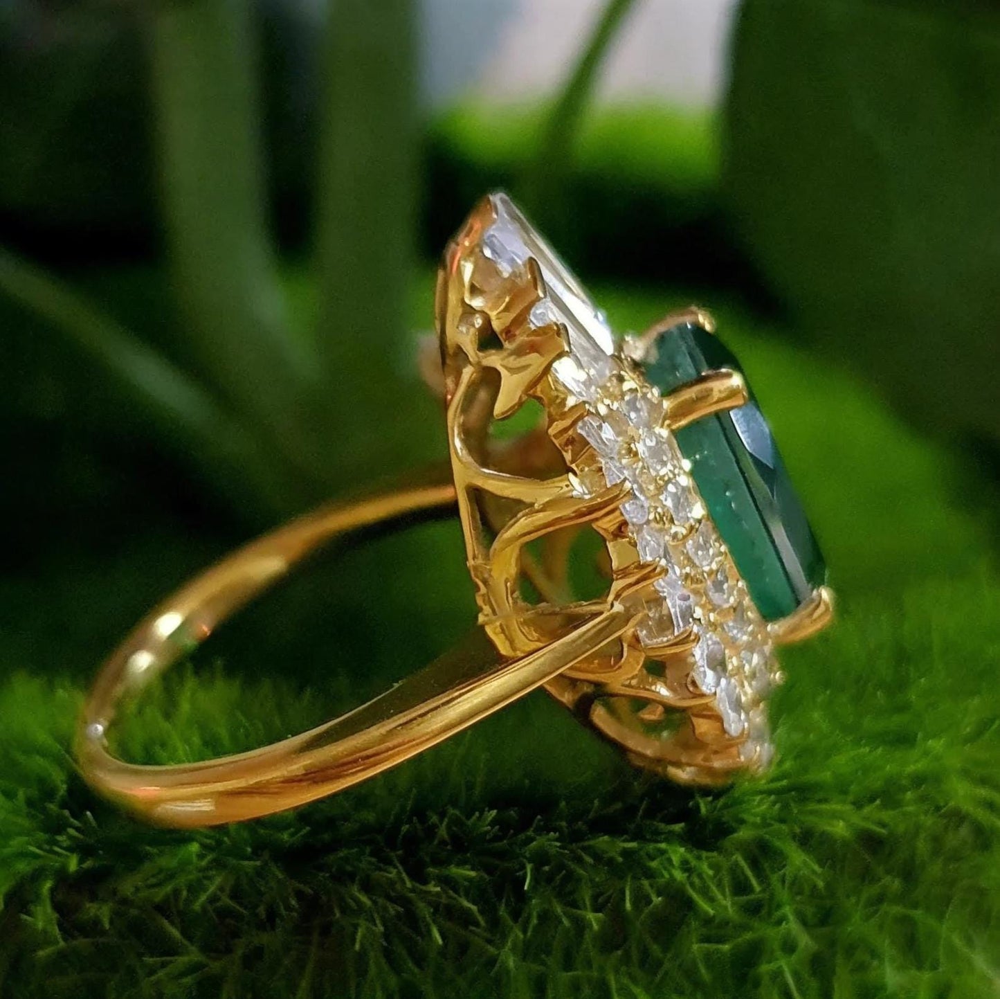 2Ct Pear Cut Emerald & Baugette Diamond Engagement Ring Yellow Gold Finish Halo Engagement Ring For Women Wedding Promise Ring For Her