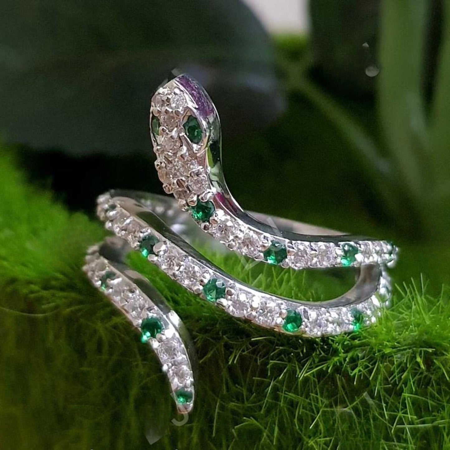 0.50Ct Round Cut Green Emerald VVS1 Diamond Solitaire Engagement Snake Women's Ring 14K White Gold Finish Gift For Her, Birthday Gift