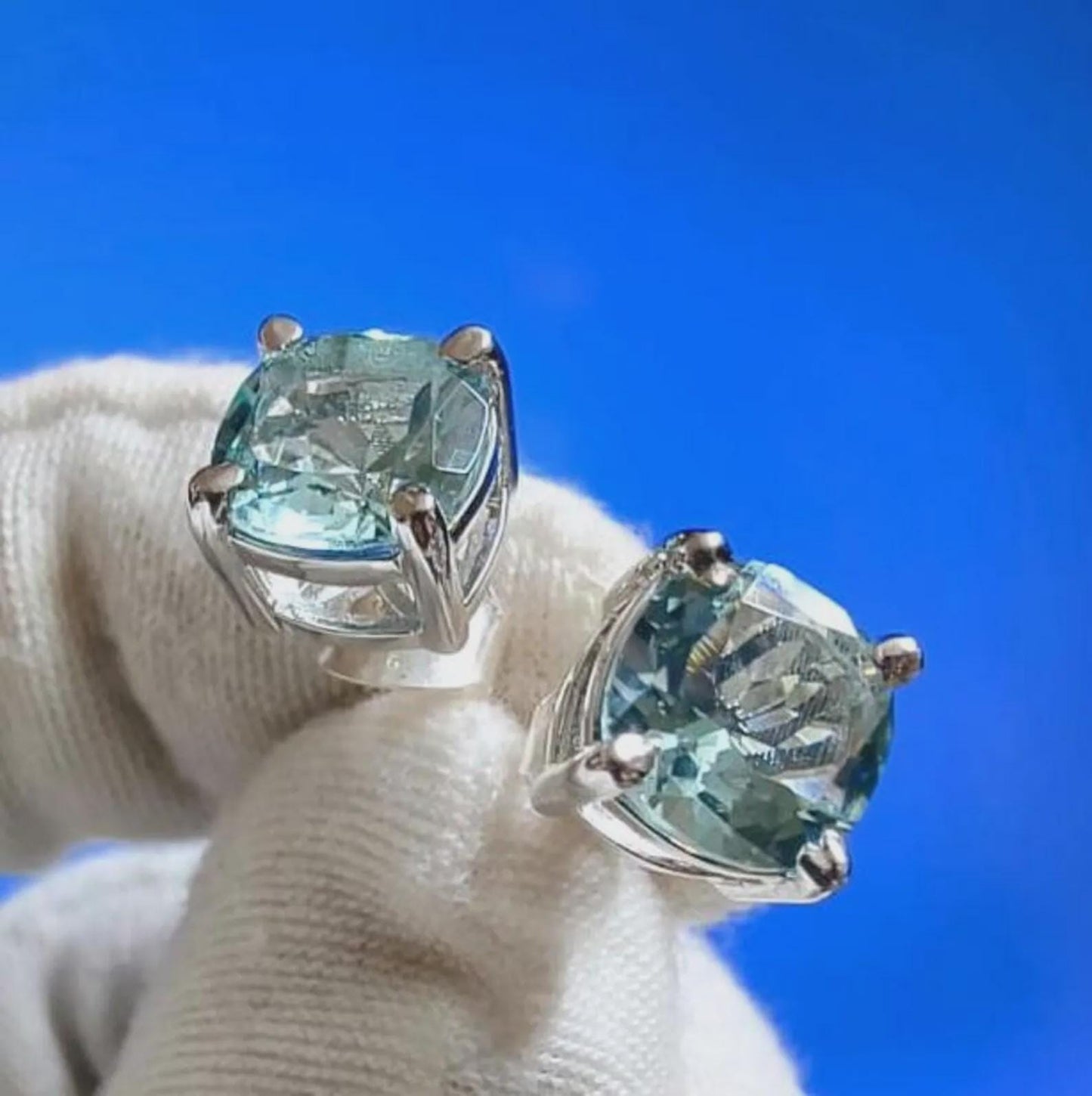 4Ct Cushion cut Aquamarine 14K White Gold Finish Sterling 925 Solitaire Stud Earrings Gift For her ,Birthday Gift, Special Wedding Gift,