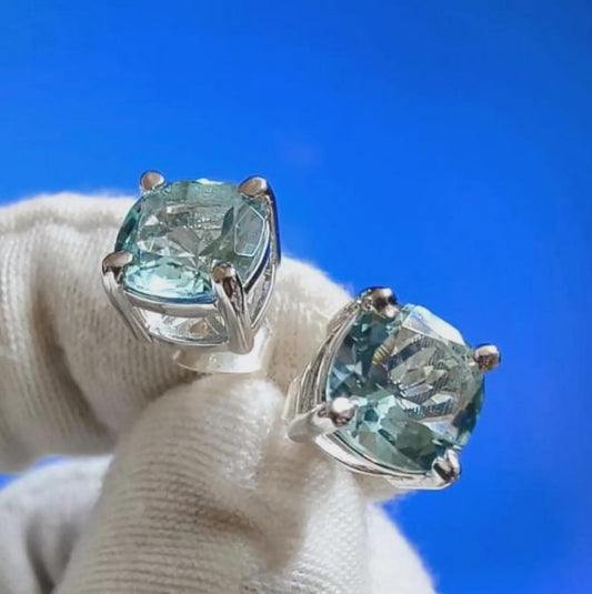 4Ct Cushion cut Aquamarine 14K White Gold Finish Sterling 925 Solitaire Stud Earrings Gift For her ,Birthday Gift, Special Wedding Gift,