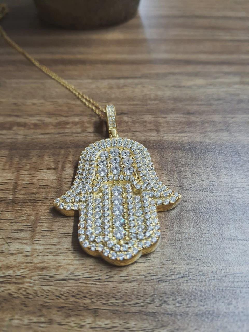 2CT Round Cut Pave Diamond Hamsa Hand Pendant 14K Yellow Gold Finish with free chain