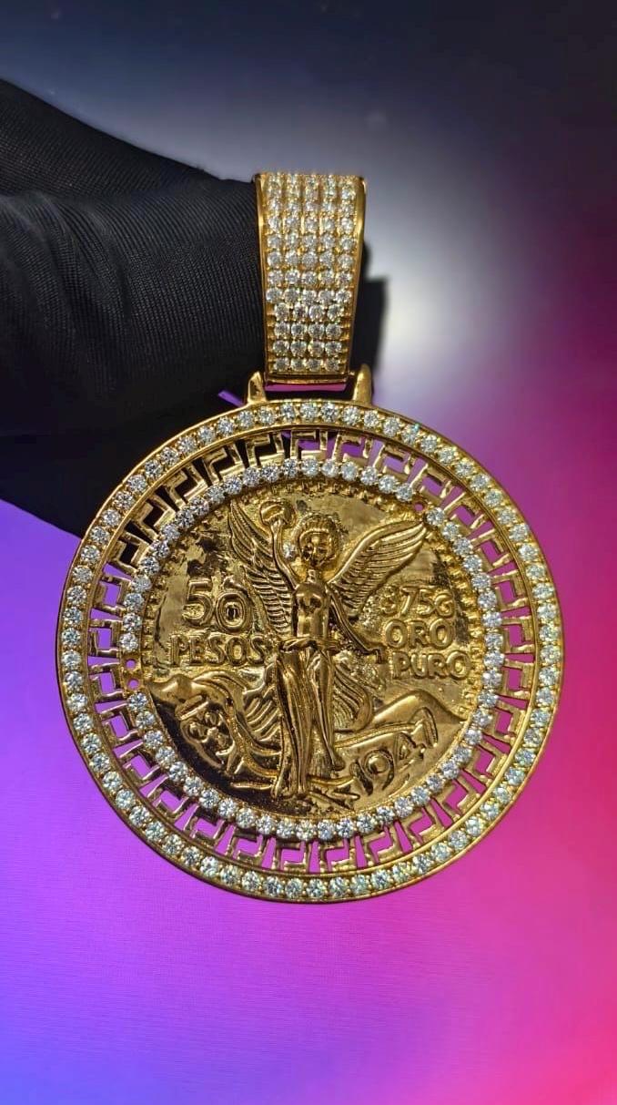 2Ct Round Cut Simulated Diamond Pendant 50 Pesos Centenario 14K Yellow Gold Plated - 925 Silver