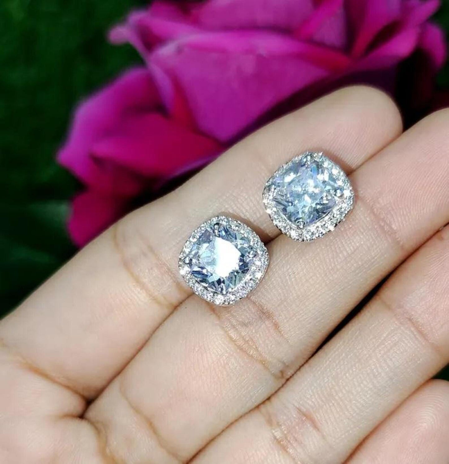 2Ct Cushion Cut Solitaire Prong Stud Earrings Simulated Diamond Earrings 14K White Gold Finish 925 Silver Stud Earring, Gift For Anniversary