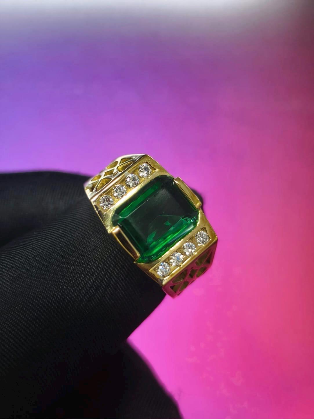 4Ct Emerald Cut Simulated Emerald Men's Wedding Ring 14K Yellow Gold Plated- 925 Silver