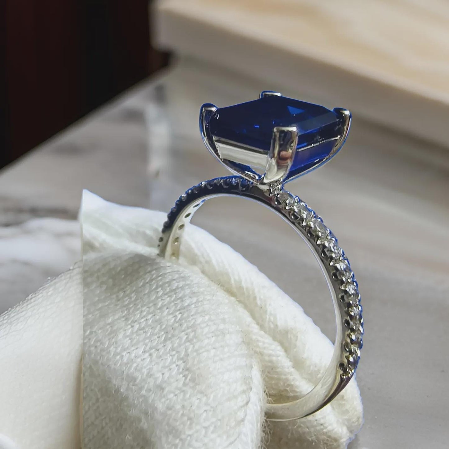 2.50Ct Emerald Cut Blue Sapphire & VVS1/D Diamond Solitaire Engagement Wedding Women's Ring 14K White Gold Finish Gift For her