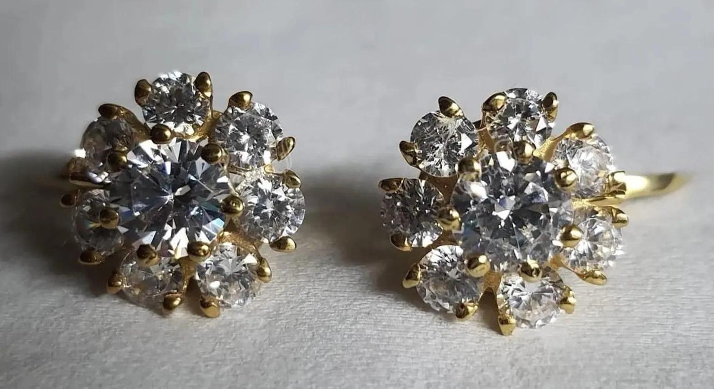 2Ct Round Cut Simulated Diamond Cluster Flower Cluster Stud Earrings 14k Yellow Gold Plated, Cluster Earring, Flower Earring, Gift for Party