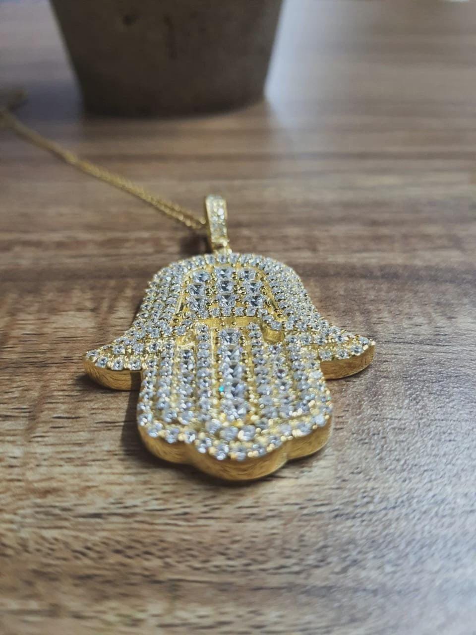 2CT Round Cut Pave Diamond Hamsa Hand Pendant 14K Yellow Gold Finish with free chain