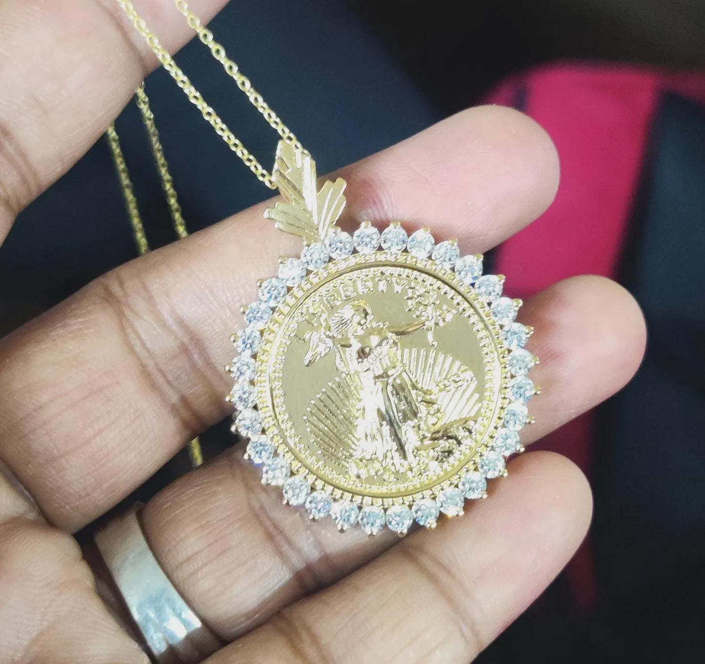 1Ct Round Cut Moissanite Pendant Liberty Dollar Coin Pendant Necklaces Pendant 14K Yellow Gold Finish Moissanite Liberty Pendant