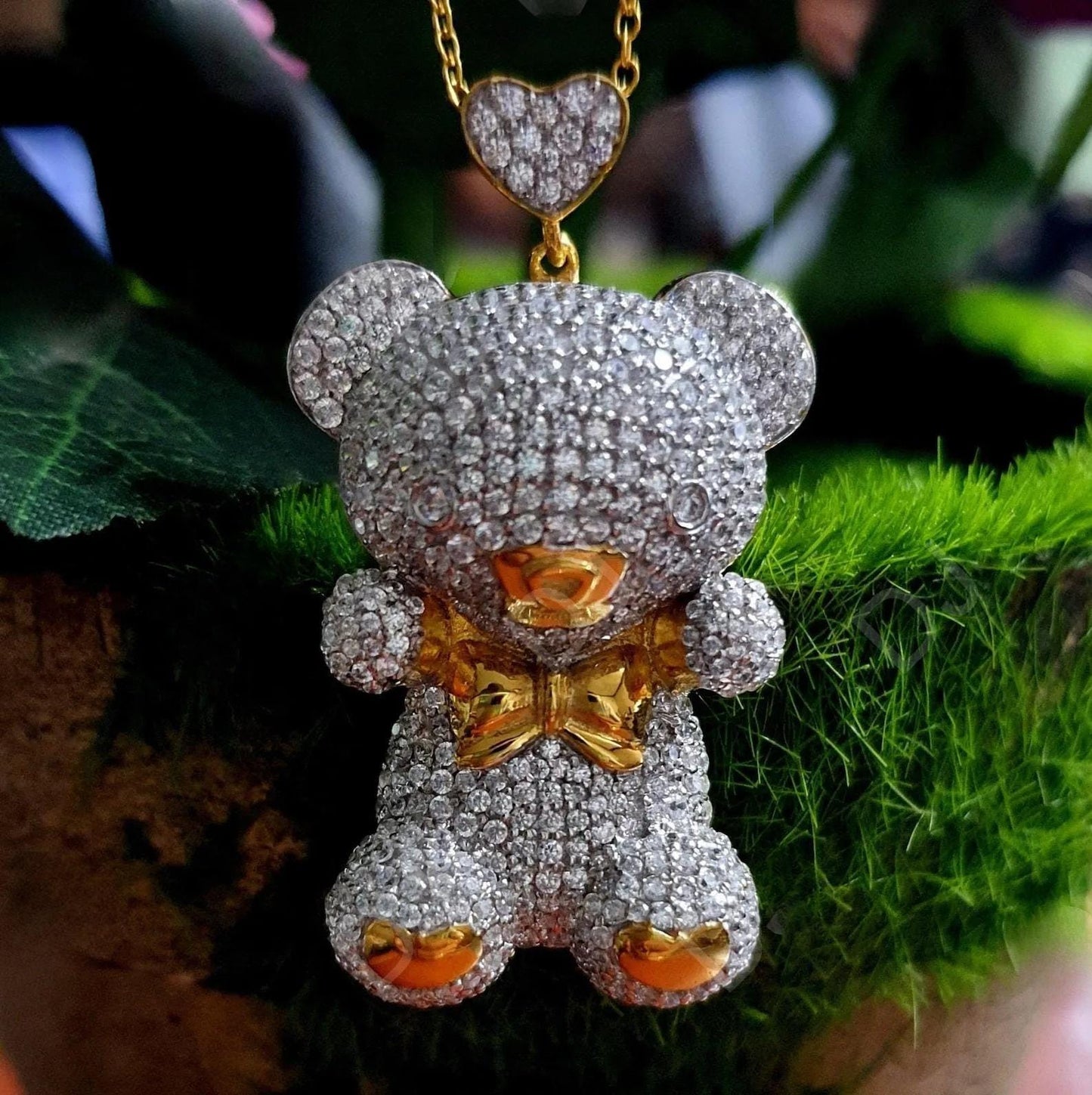 3Ct Designer Teddy Bear Lab Created Diamond 925 Sterling Silver Charm Pendant, Beautiful Teddy Bear 14k Yellow Gold Plated Charm Pendant,