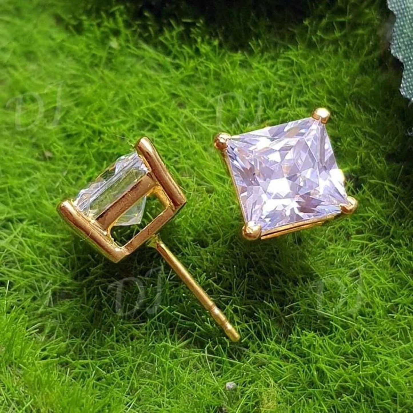 8mm Princess Cut Prong Stud Earrings Simulated Diamond Earrings 14K Yellow Gold Finish 925 Silver Prong Setting Earring,Gift For Anniversary