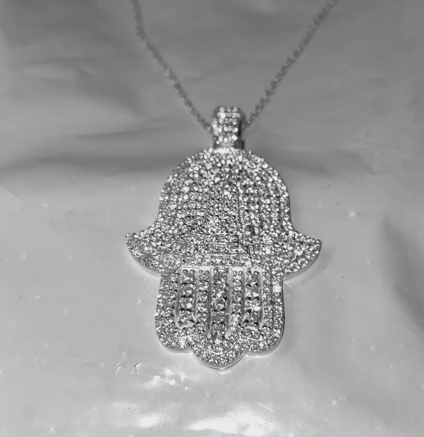 2Ct Round Cut Simulated White Diamond Hamsa Pendant  14K White Gold Finish Free Chain 925 Sterling Silver