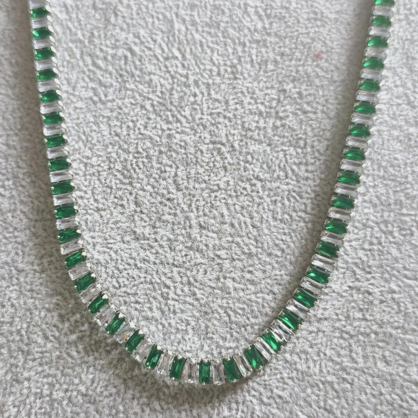 14Ct Radiant And Baguette Cut Emerald Lab-Created Gemstone Tennis Necklace 14K White Gold Plated Necklace Tennis Chain Necklace Size 19"