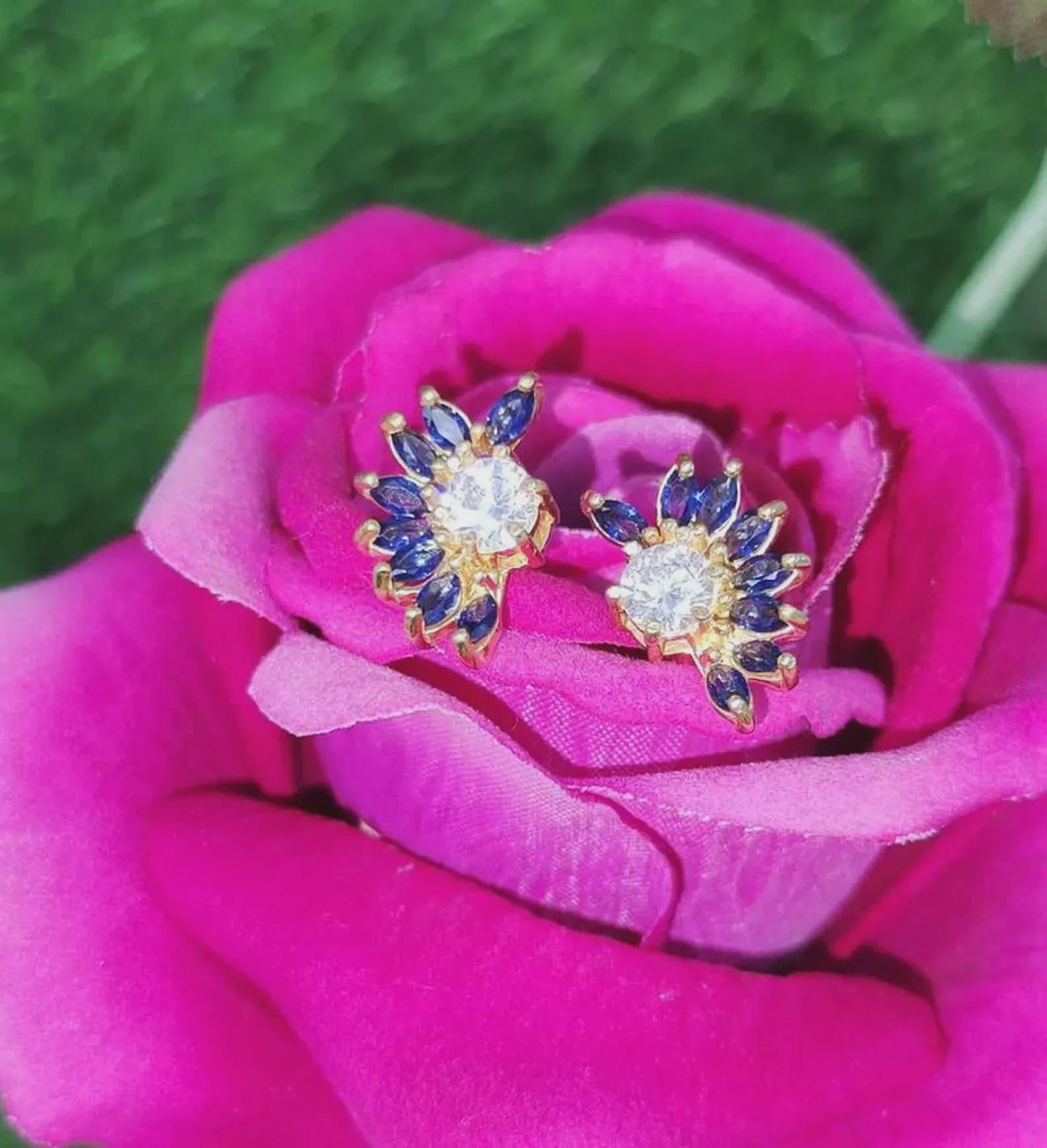 1Ct Marquise Cut Sapphire Stud Earrings Blue Sapphire Flower Stud Women's Earrings 14K Yellow Gold Plated 925 Silver Push Back Earrings