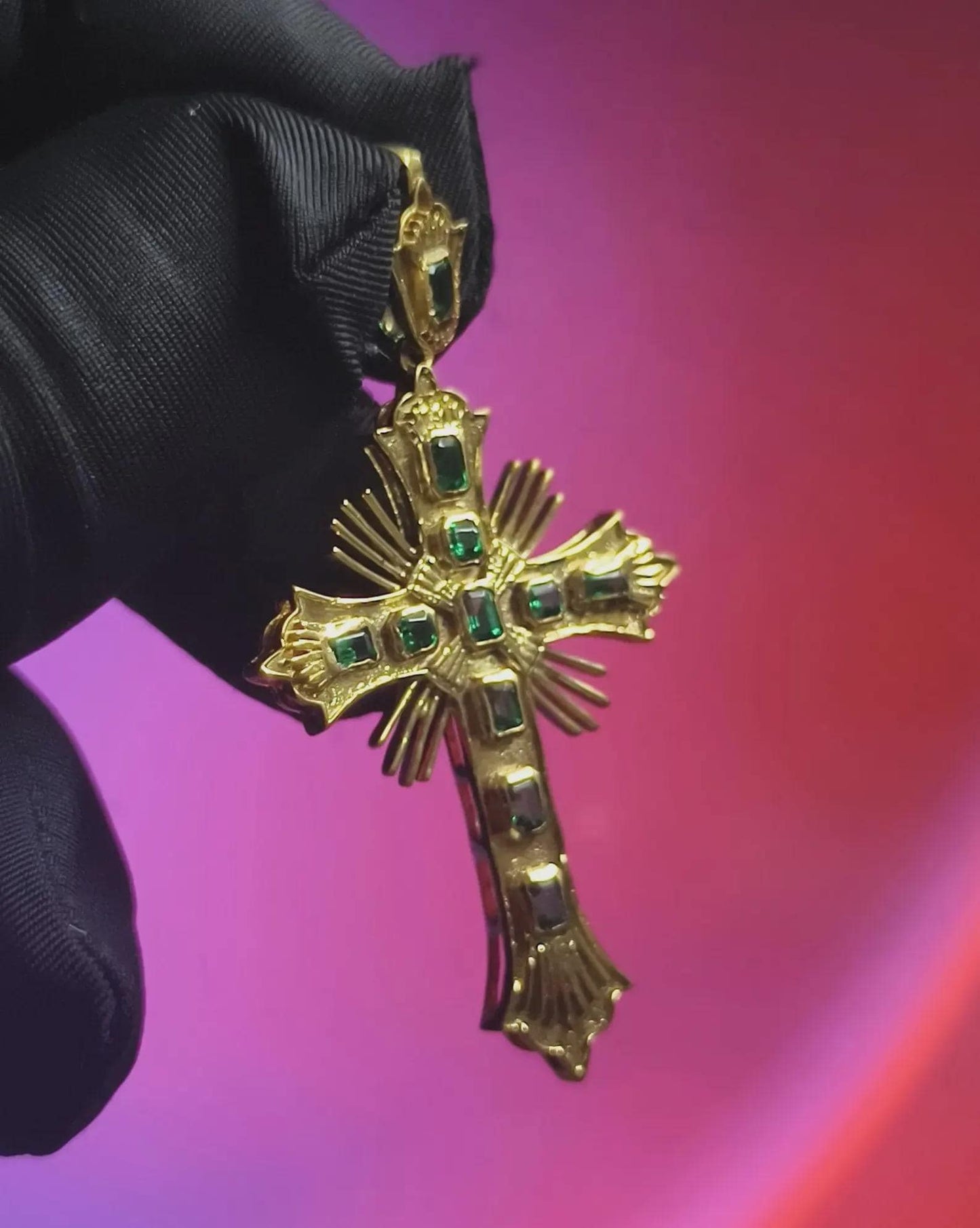 Emerald Cut Cross Pendant Simulated Green Emerald Diamond Pendant 4K Yellow Gold Plated 925 Sterling Silver, Religious Christmas Pendant