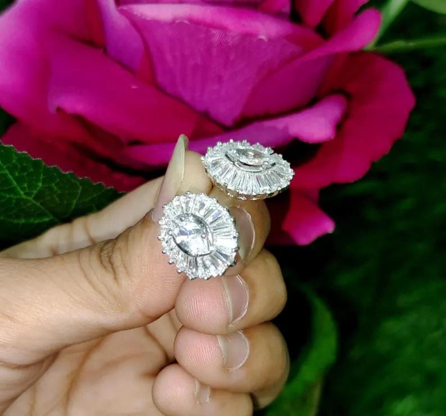 3Ct Diamond Prong Stud Earrings Marquise & Baguette Cut Simulated Diamond Earrings 14K White Gold Finish 925 Silver Gift For Birthday Wear