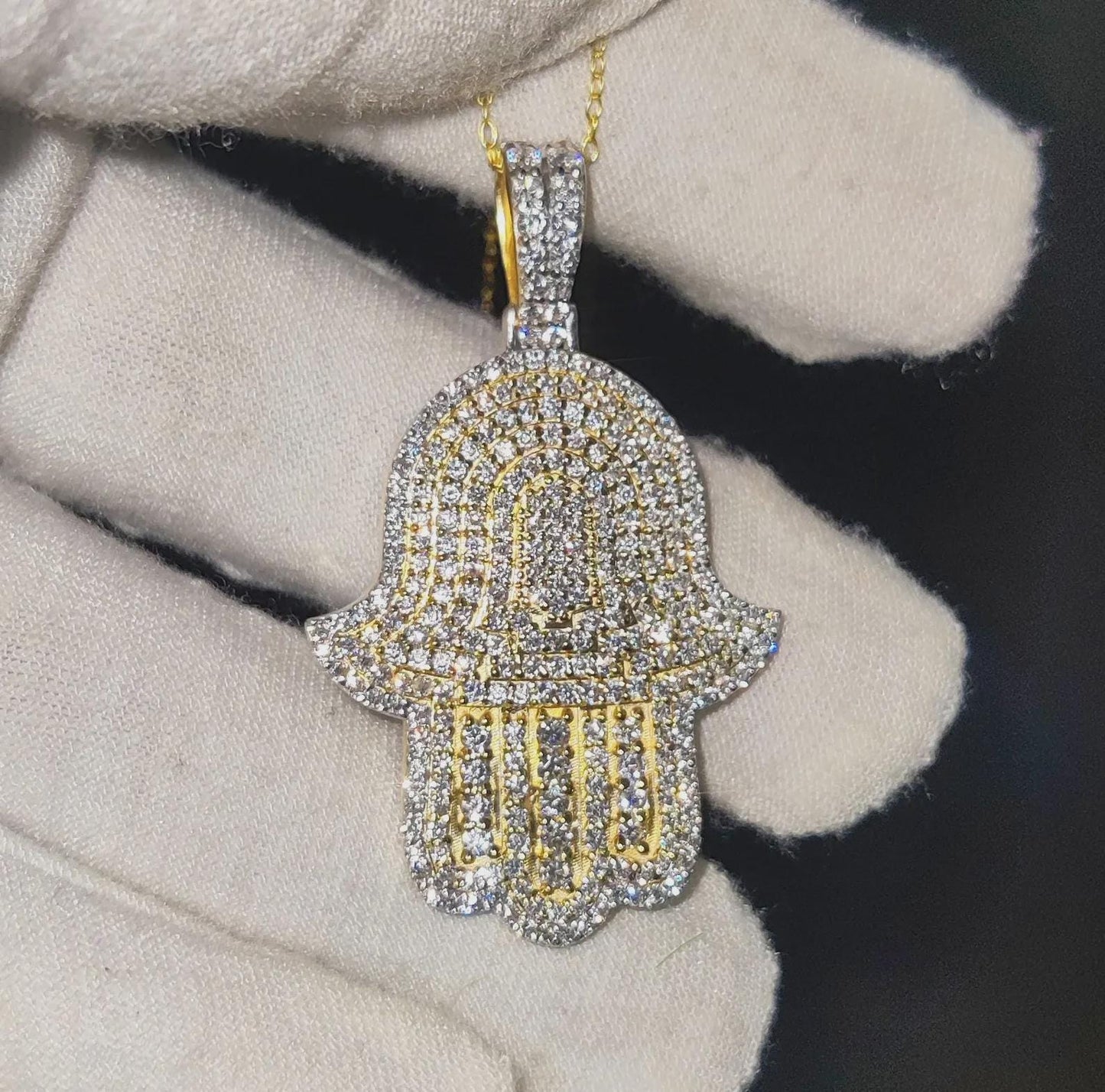 2Ct Round Cut Simulated White Diamond Hamsa Pendant  14K Yellow Gold Finish Free Chain 925 Sterling Silver