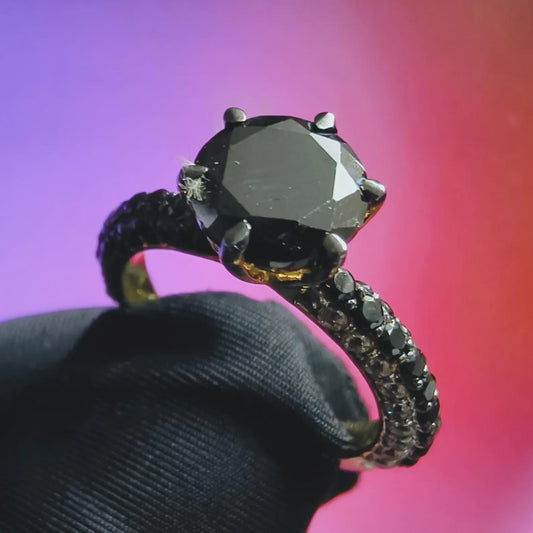 2Ct Round Cut Solitaire Anniversary Ring Simulated Black Diamond Ring 14K Two Tone Gold Plated 925 Silver, Engagement Ring, for Wedding Gift