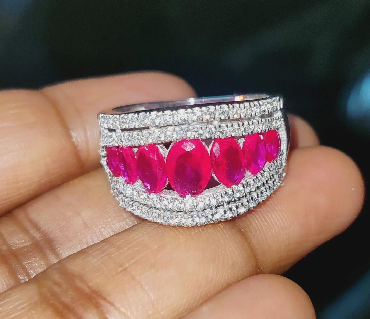 1.50Ct Oval Cut Lab-Created Red Ruby Wedding Engagement Band Ring 14K White Gold Finish 925 Silver Red Ruby Cocktail Wedding Band