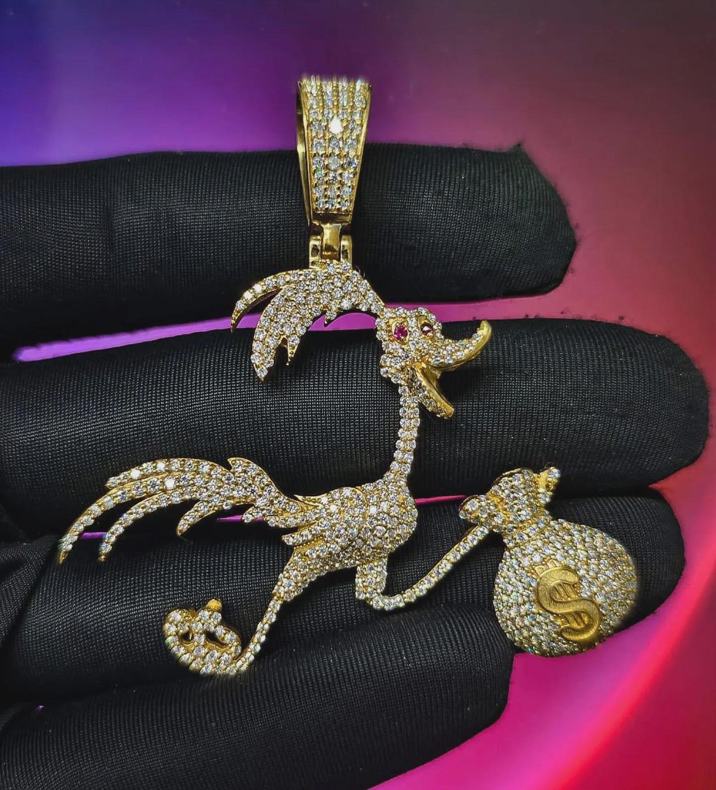 Round Cut Moissanite Duck With Money Bag Pendant Hip Hop Bird Pendant 14K Yellow Gold Plated 925 Sterling Silver Free Chain