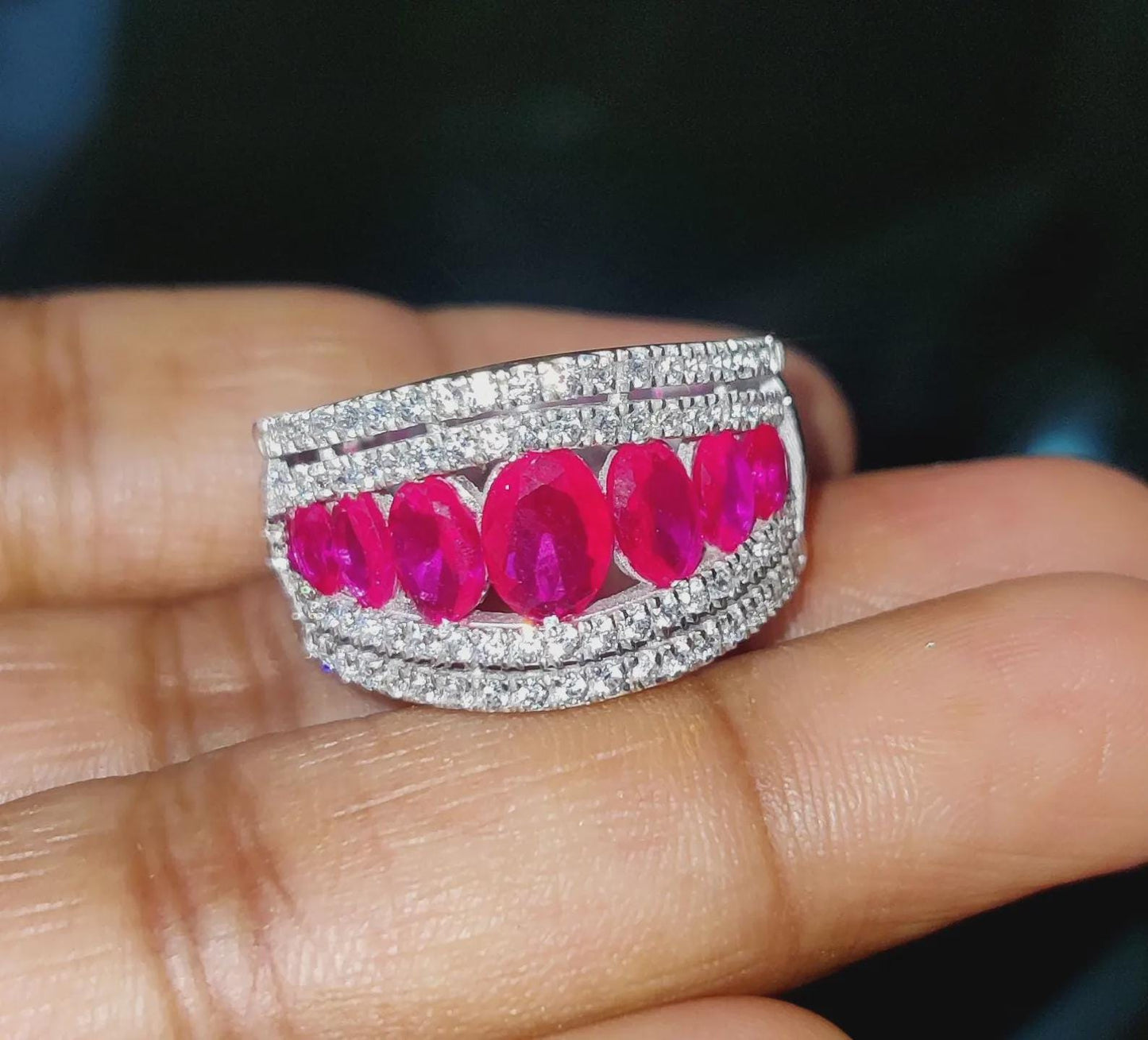 1.50Ct Oval Cut Lab-Created Red Ruby Wedding Engagement Band Ring 14K White Gold Finish 925 Silver Red Ruby Cocktail Wedding Band