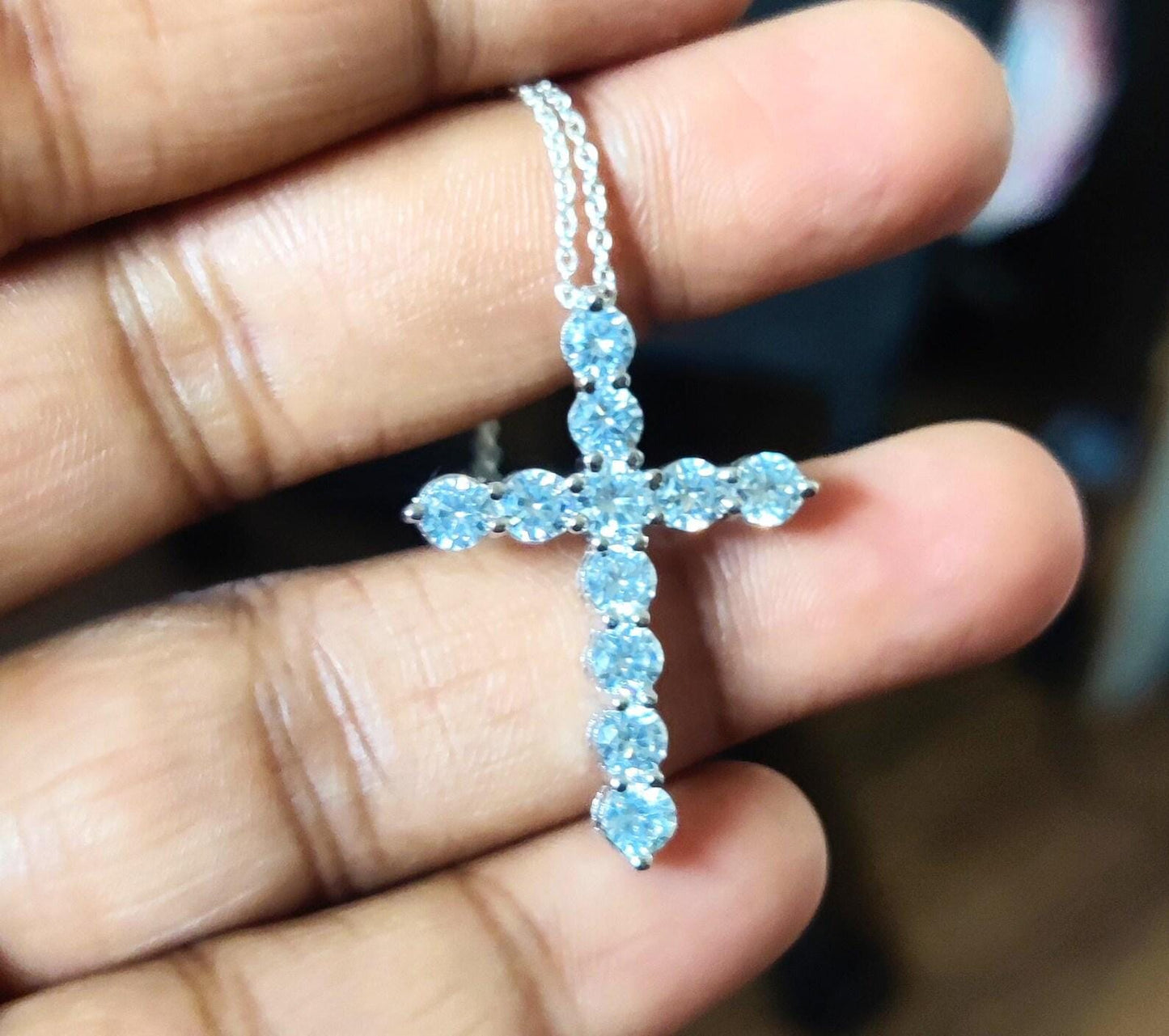 1.50Ct Round Cut Fancy VVS1 Diamond Cross Pendant 14k White Gold Plated- 925 Silver Free Chain