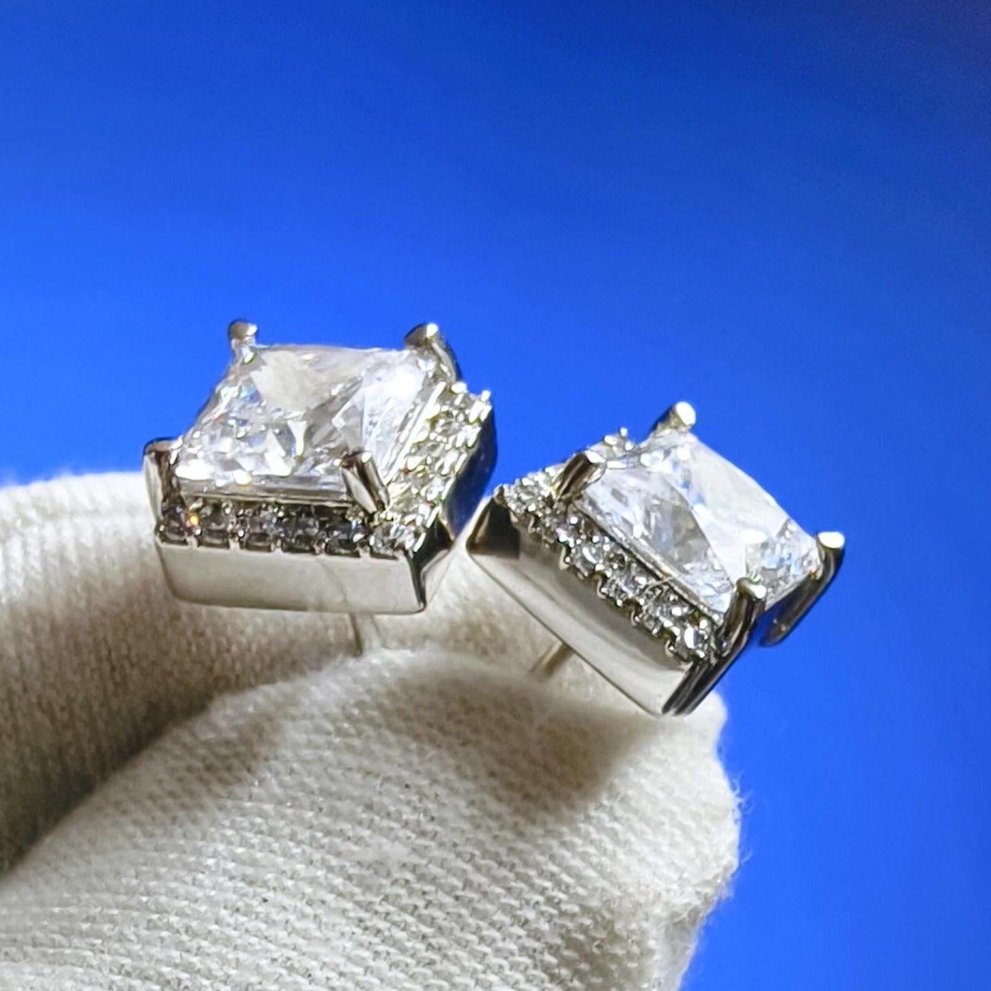 4Ct Princess Cut Moissanite Halo Stud Earrings 14K White Gold Finish 925 Silver Stud Earrings