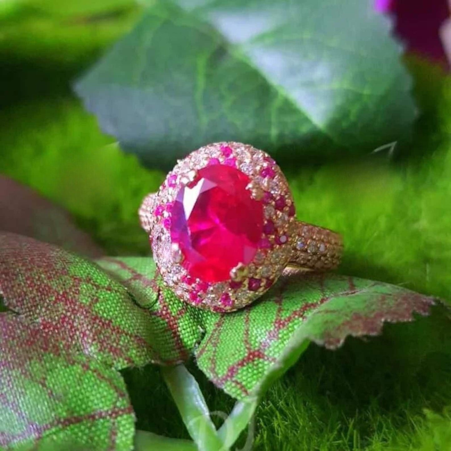 2Ct Oval Cut Simulated Red Ruby Diamond Engagement Ring, 14K Rose Gold Plated, 925 Silver Halo Ring, Cluster Ring, Anniversary, Gift for her