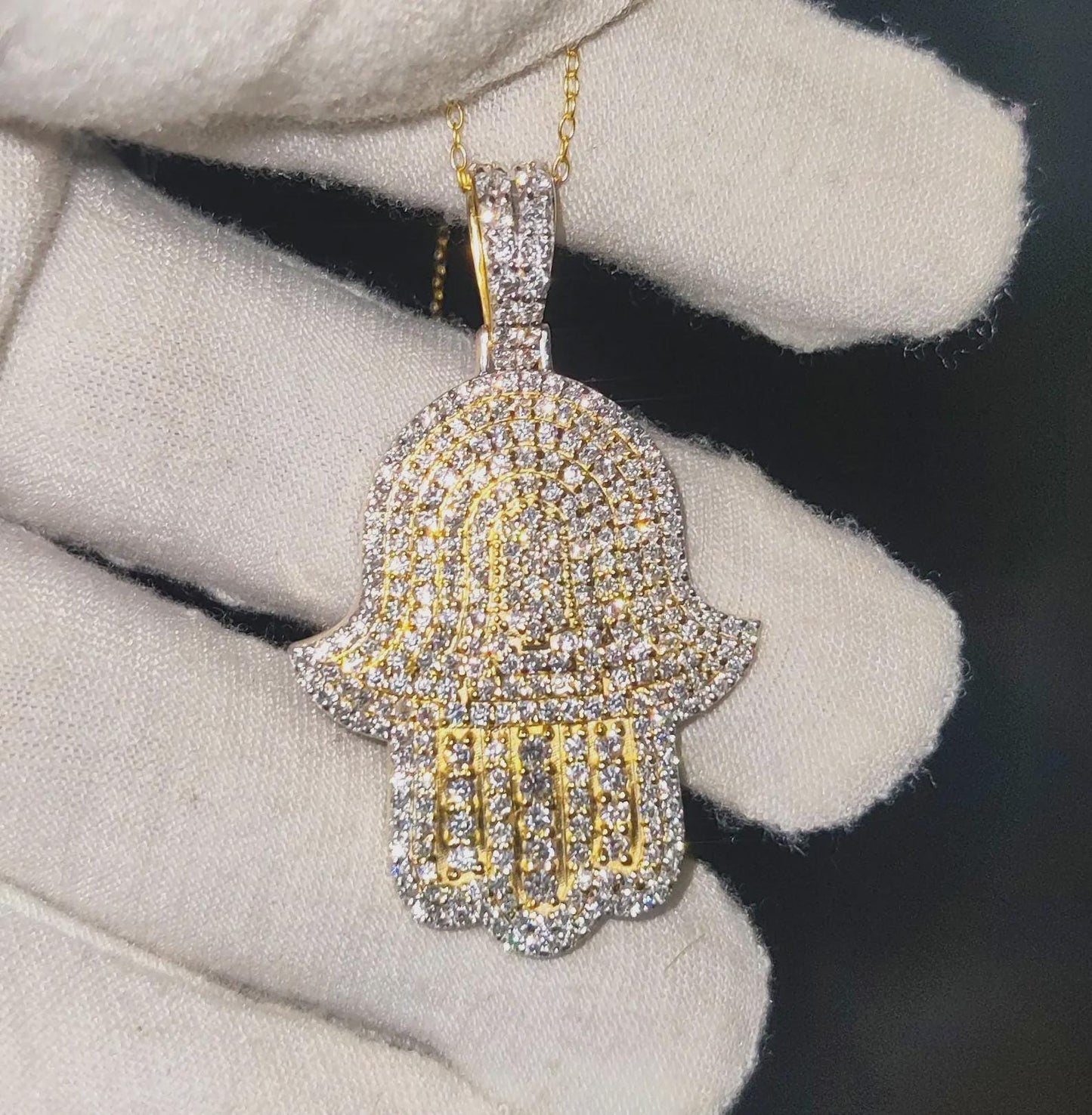 2Ct Round Cut Simulated White Diamond Hamsa Pendant  14K Yellow Gold Finish Free Chain 925 Sterling Silver