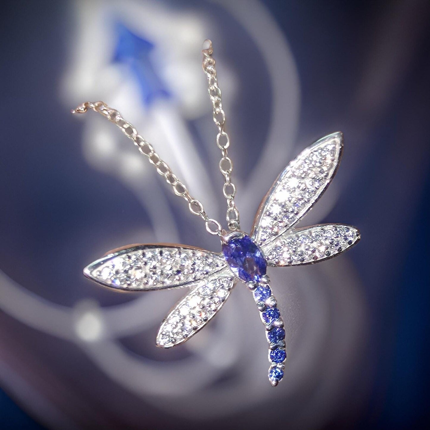 2Ct Oval Cut Lab-Created Blue Sapphire & Diamond Dragonfly Pendant 14K White Gold Plated Sapphire Pendant Women's Dragonfly Pendant