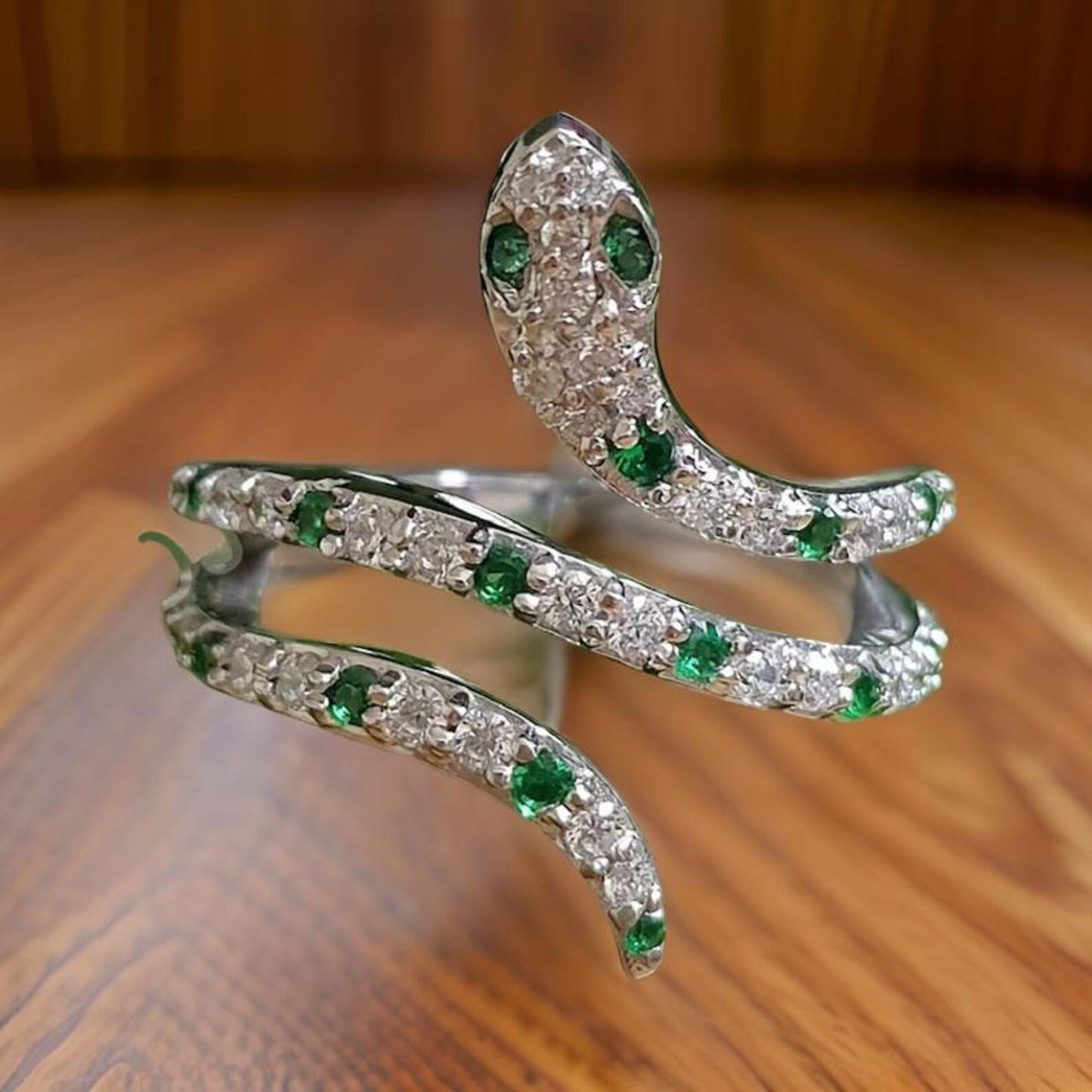 0.50Ct Round Cut Green Emerald VVS1 Diamond Solitaire Engagement Snake Women's Ring 14K White Gold Finish Gift For Her, Birthday Gift