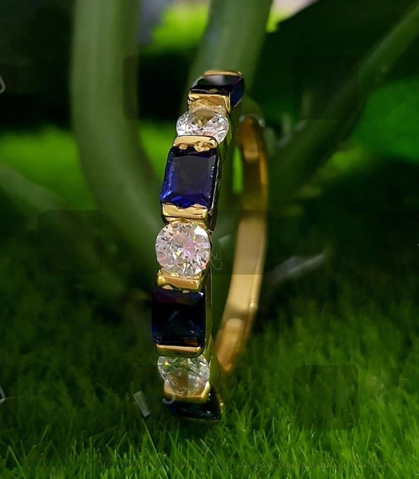 2Ct Round Cut Simulated Diamond & Princess Cut Sapphire Engagement Anniversary Band Ring 14K Yellow Gold Finish, Birthday Gift, Ring For Her