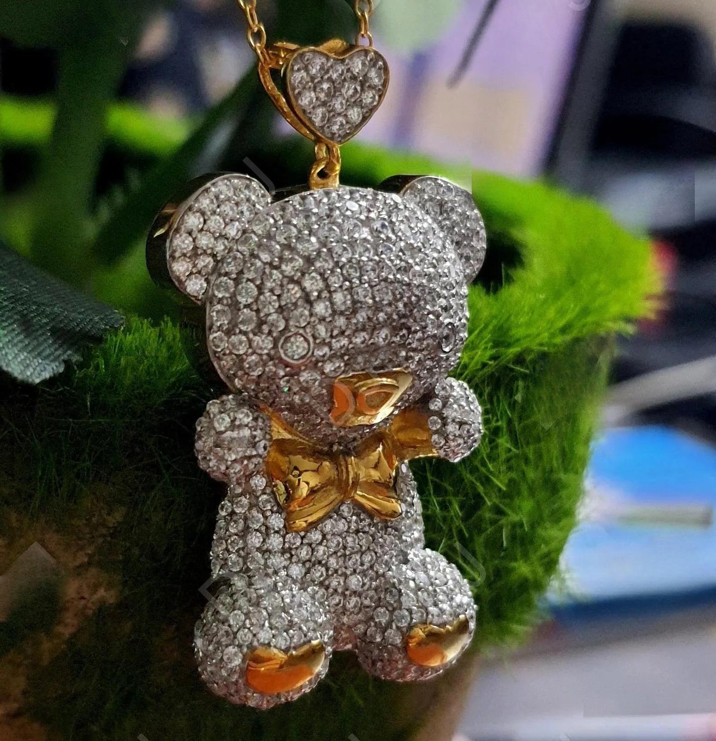 3Ct Designer Teddy Bear Lab Created Diamond 925 Sterling Silver Charm Pendant, Beautiful Teddy Bear 14k Yellow Gold Plated Charm Pendant,
