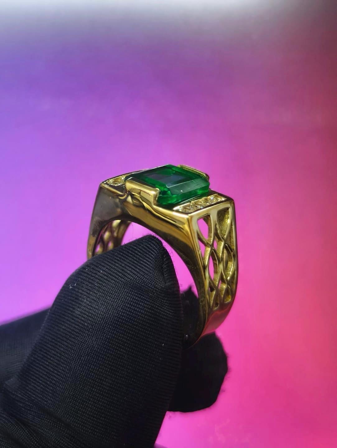 4Ct Emerald Cut Simulated Emerald Men's Wedding Ring 14K Yellow Gold Plated- 925 Silver