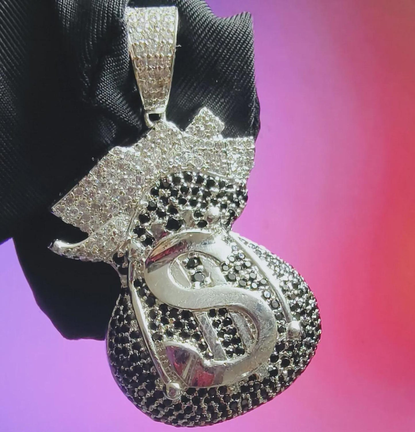 3Ct Round Cut Simulated White Diamond, Black Spinel Dollar Money Bag Pendant 14K White Gold Plated 925 Silver, Hip Hop Pendant