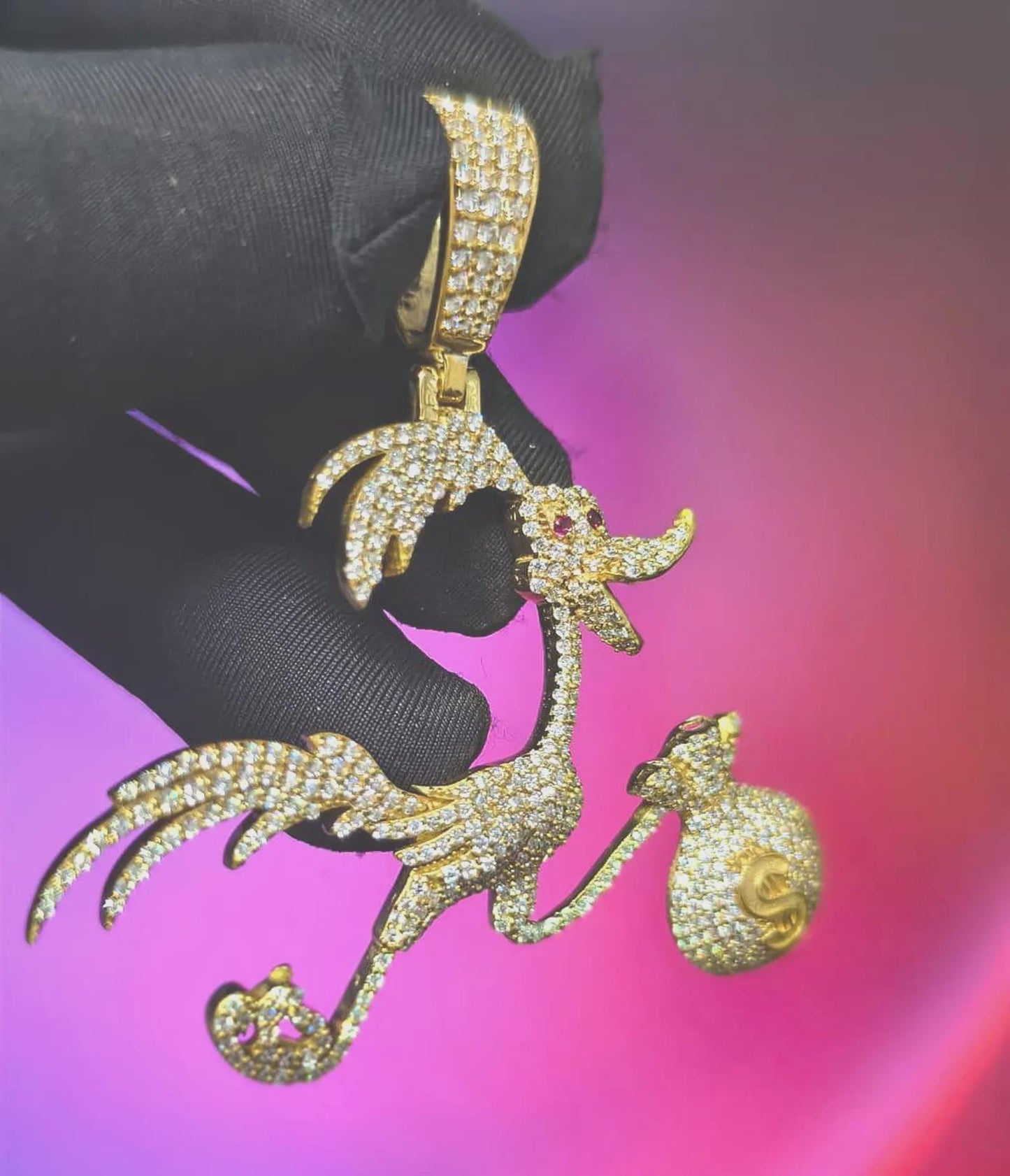 Round Cut Moissanite Duck With Money Bag Pendant Hip Hop Bird Pendant 14K Yellow Gold Plated 925 Sterling Silver Free Chain