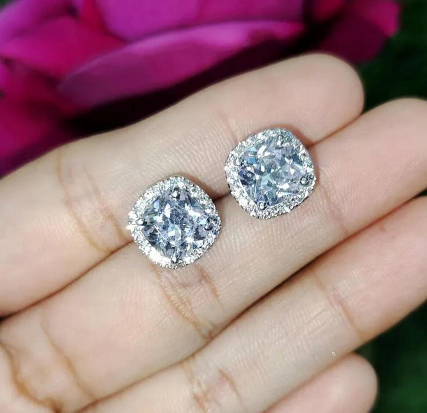 2Ct Cushion Cut Solitaire Prong Stud Earrings Simulated Diamond Earrings 14K White Gold Finish 925 Silver Stud Earring, Gift For Anniversary