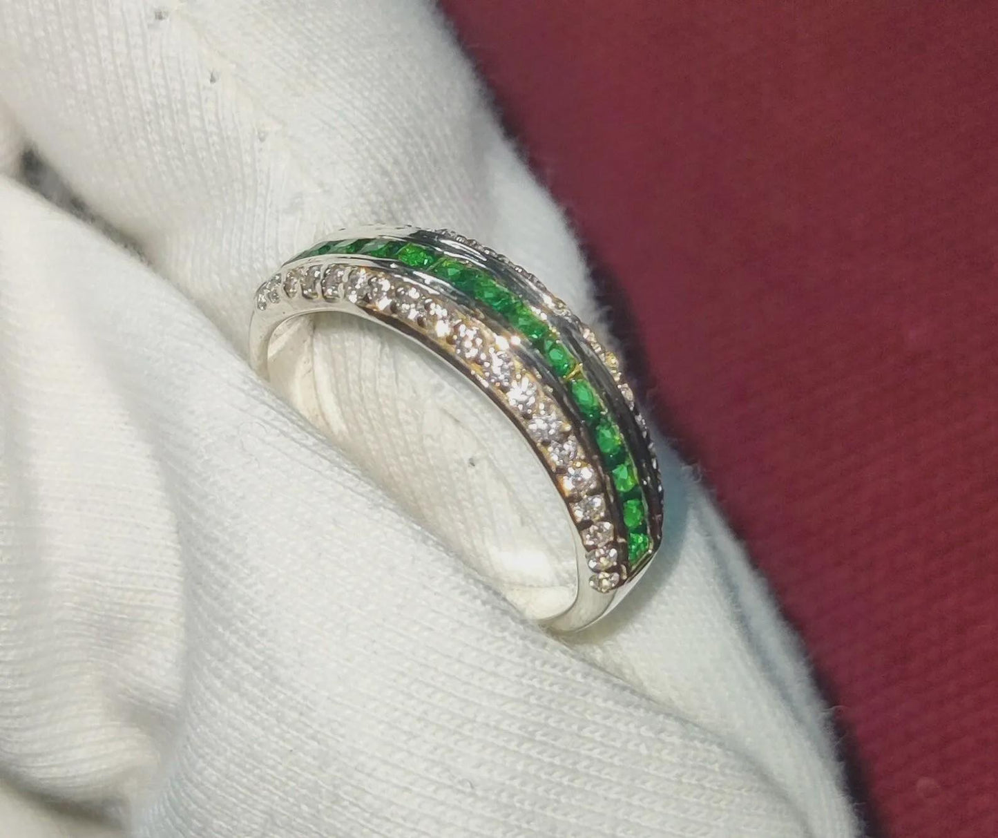 1.50Ct Emerald Princess Cut Simulated Emerald Diamond  Band Engagement Anniversary Ring Prong 14K White Gold Finish 925 Sterling Silver