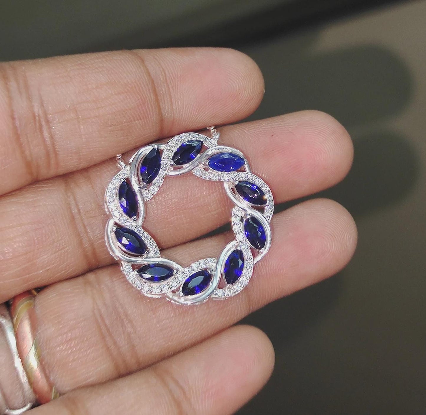 2Ct Marquise Cut Blue Sapphire & VVS1/D Diamond Circle Pendant Necklace 14k White Gold Plated Birthday Gift for Her Free Chain