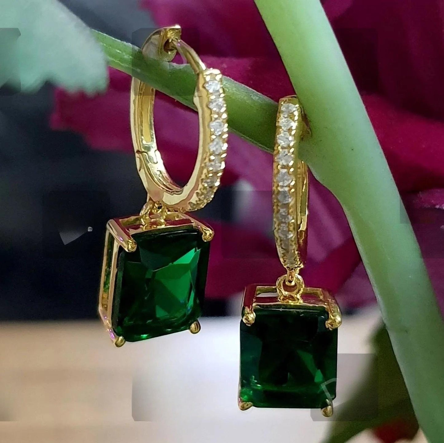 4Ct Radiant Cut Green Emerald Solitaire Earrings / 14K Yellow Gold Finish Drop & Dangle Wedding Earrings Birthday Gift
